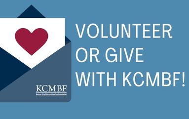 letter with a heart on it peeking out of an envelope on a blue background with the words volunteer or give with kcmbf!